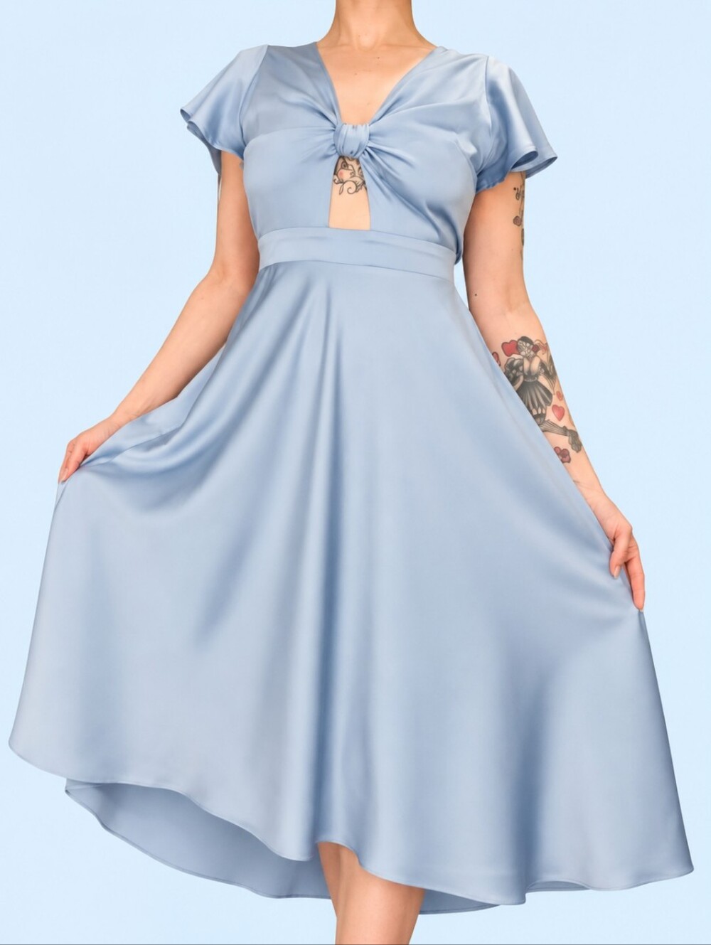 Blue Satin V Neck Short Flutter Sleeve Midi A-line Dress Size Small Petite
